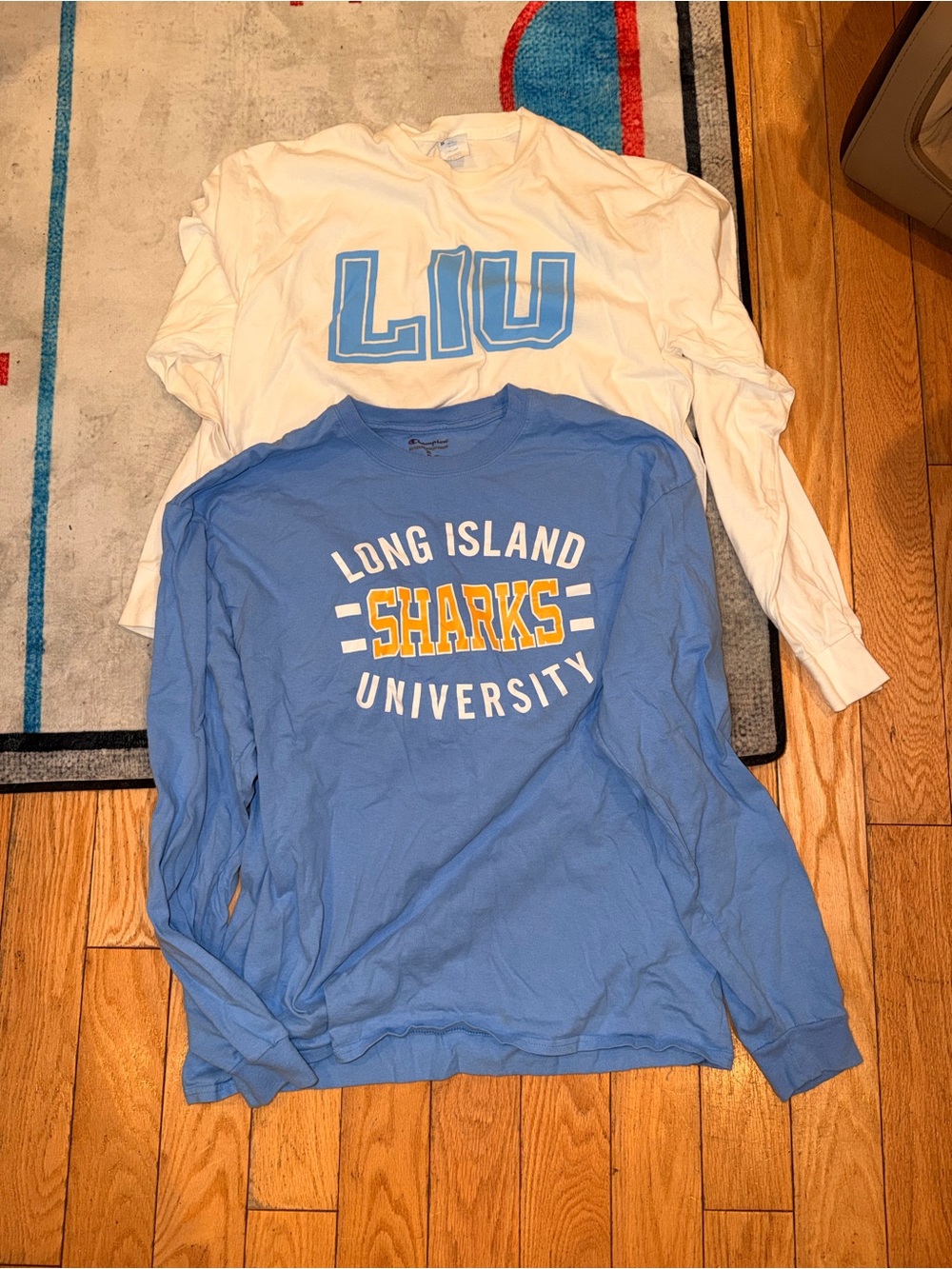 LIU Sharks University 1- Lt Blue  1-White Long Sleeve Tee Shirts Bundle
